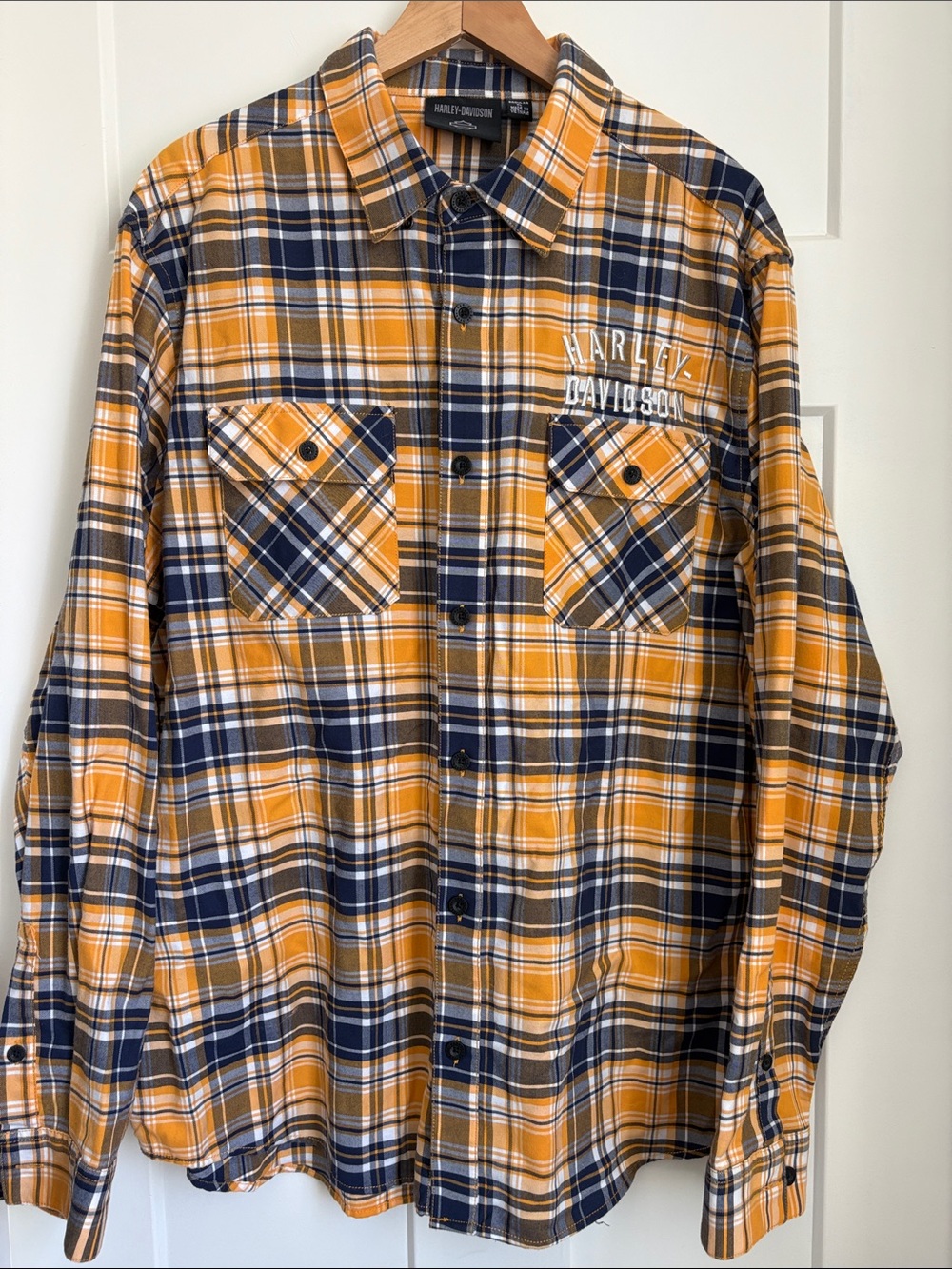 NWOT Harley Davidson Blue & Yellow Flannel Snap Collar Men's XL